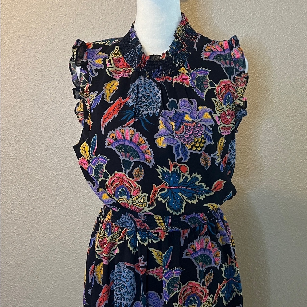 JCrew Smocked Floral Ruffle Midi Dress Blue Multicolor Size Small